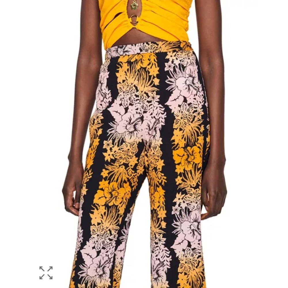 Sandro Paris Floral Wide Leg Pants Black Orange High Rise 36/4 Flared Palazzo‎ - Picture 12 of 12